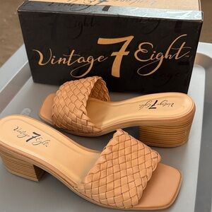 Tan Woven Block Heel Sandals